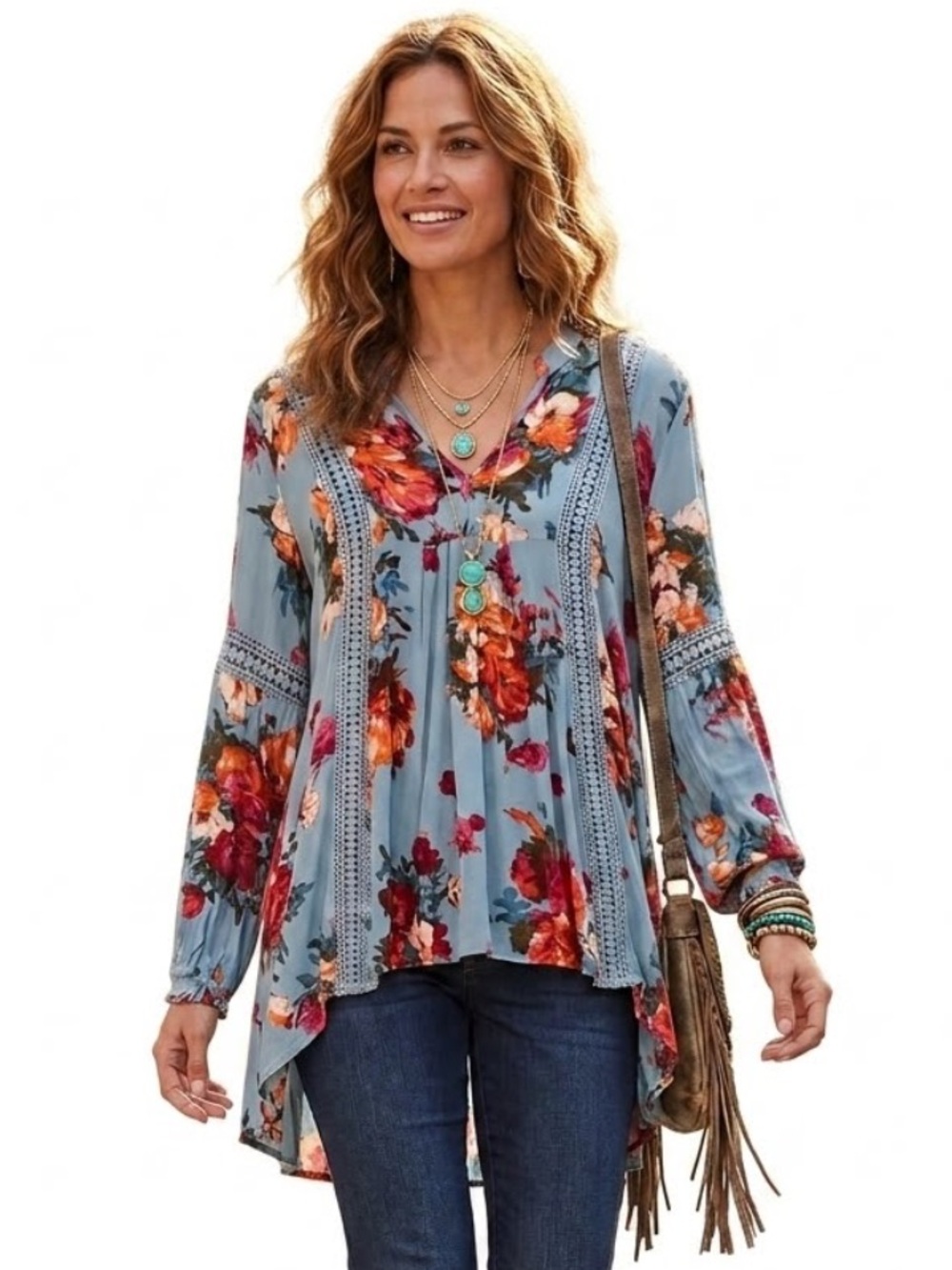 Altar’d State Boho Floral V-Neck Tunic Top Blue Multi Floral Size Small Festival